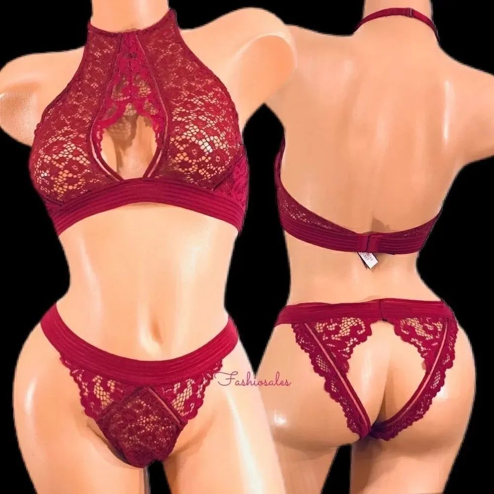 Victoria’s Secret set Very sexy High Neck bralette Peekaboo Cheekini panty Ruby